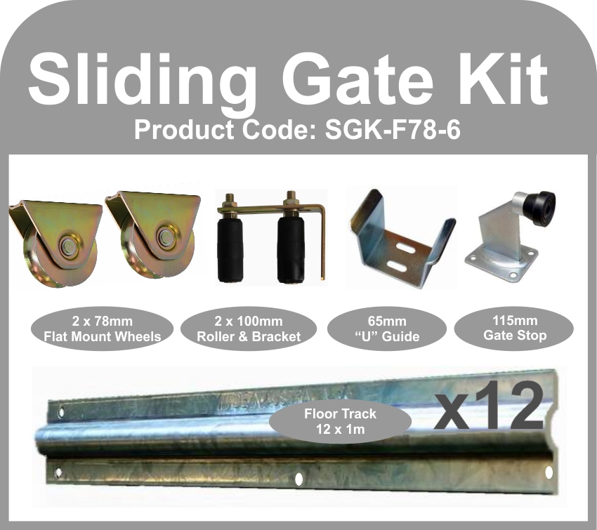Complete Sliding Gate Hardware Kit for 6m Gate with 78mm flat mounted